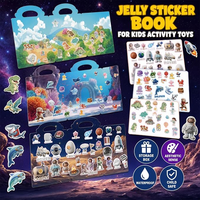 Reusable Jelly Sticker Books for Toddlers 2-4, Kids 3-6, 6 Sets | Sticker Activity Toys | Quiet Travel Toys | Washable 3D Puffy Stickers | Screen-Free Play | Gift Ages 1-6
