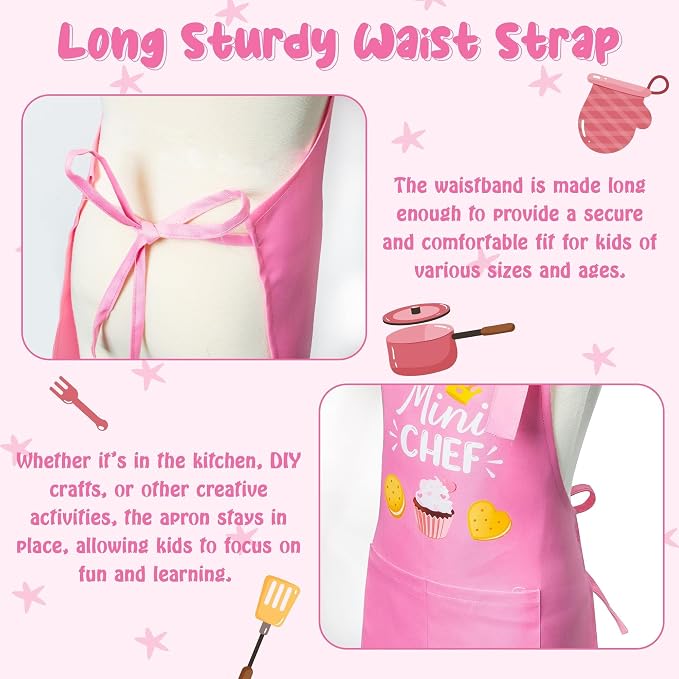 R HORSE 2 Pieces Kid Apron and Chef Hat Set, Children Role Play Chef Toy | Light Pink Adjustable Kitchen Apron for Girls, Ideal for Cooking, Baking, Painting, Training, Cooking Birthday Gift