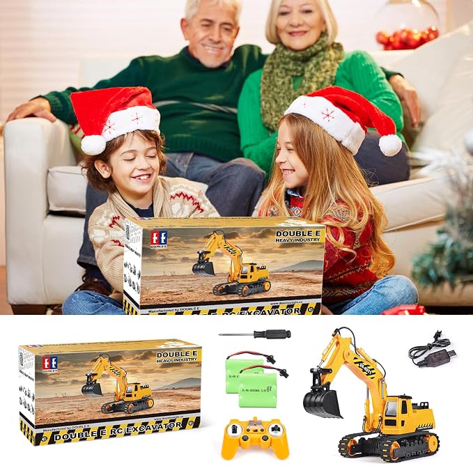 DOUBLE E Remote Control Excavator Toy, 2*Batteries 2.4GHz RC Excavator, 6-in-1 Digging/360° Rotation, 20M Range Sandbox Construction Toys Birthday Gift for Boys/Kids 6+ Years