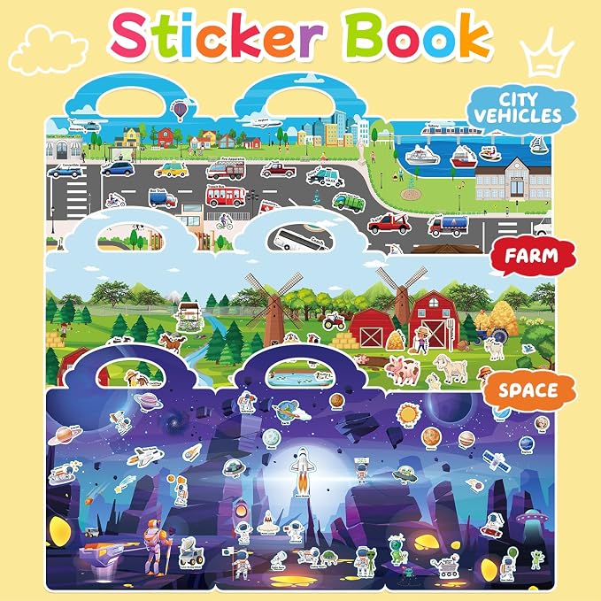 3 Sets of Reusable Jelly Stickers Books - Jelly Sticker Books for Kids - Airplane and Car Travel Toys Educational Gifts for Boys and Girls（Vehicles+Farm+Space）