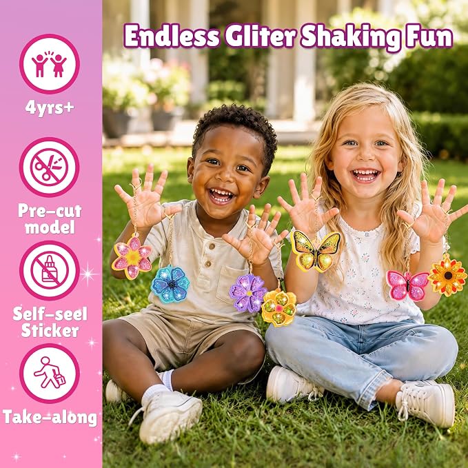 Fun Shake Glitter Craft Kits for Kids, DIY Arts and Crafts Keychains Kit | Art Supplies, Class Travel Activities, Party favors, Gifts for Girls & Boys 4yrs+, Butterfly & flower