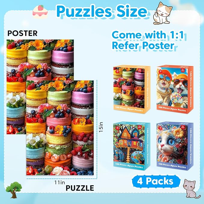4-Pack 100 Piece Puzzles - Cakes Tree House Cats Puzzle for Kids Ages 4-8 8-10, 100 Piece Jigsaw Puzzle for Adults Seniors Children Learning Educational Puzzles Toys Birthday Xmas Gifts for Girls Boys