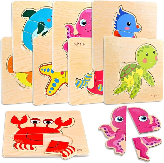 8pcs Wooden Puzzles for Toddlers 1-3, Toddler Puzzles Ages 2-4 | Montessori Toys for 1-3+ Years Girl Boy, Sea Animal Puzzle for Kids, Jigsaw Puzzle Educational Preschool for 1-4