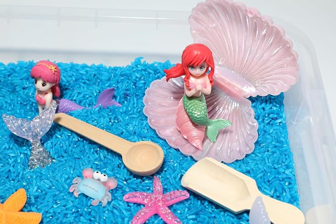 Mermaid Sensory Bin Kit for Kids | Blue Rice, Pinto Beans, Mermaids, Gems, Shells & Treasure Chest – Ocean-Themed Sensory Play with Storage Bin