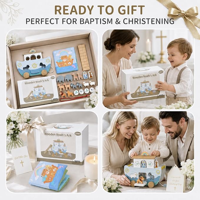 Wooden Noah’s Ark Toy with Book, Baptism Gifts for Boys and Girls | Montessori Toys for 1 Year Old with sorting and pull-along; Christian Baby Toys for Toddlers 1-3; Christmas Birthday Gifts.