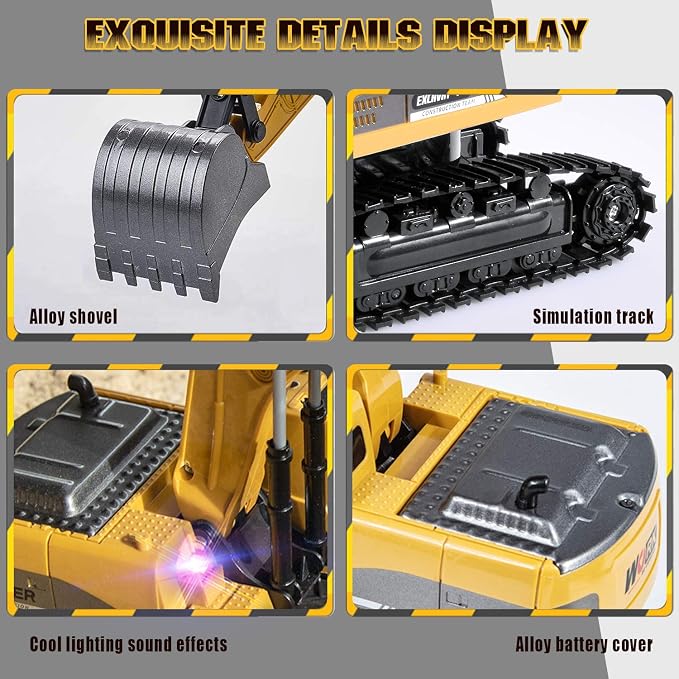 ID Gerilla Remote Control Excavator, RC Construction Toy | Metal Shovel Digger Excavator with 680° Rotation Digging Sand, Realistic Lights Sounds, Christmas Birthday Gift Toy for Boys