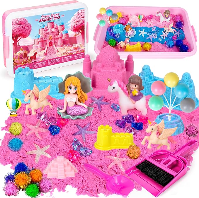 Unicorn Sensory Bins, Sensory Sandbox Toys for Girls Toddler 3 4 5 6 7 8 | Unicorn Play Sand Art Kit with Sandbox & Sand Castle Molds & Tools, Great Gift for Kids Toddlers Christmas Birthday