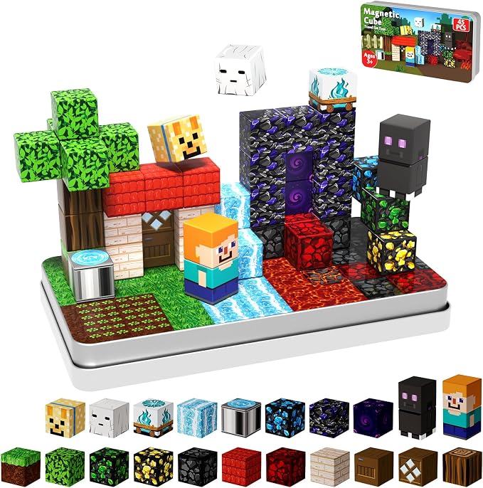 GraceDuck Magnetic Blocks with Iron Box, Obsidian Nether Portal 45 PCS Travel Magnetic Building Blocks, STEM Educational Building Set Construction Toys for Kids Ages 3+, Building Toys