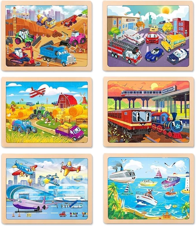 Wooden Puzzles for Toddlers 3-5,6 in 1 Jigsaw Wooden Solar System Puzzles for Ages 4-6,Preschool Educational Brain Toys Gifts for Boys and Girls 2 4 3 5 Year Old（Vehicle）
