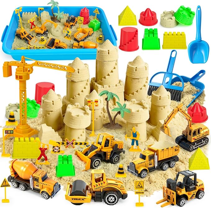 Sensory Bin, Construction Sensory Sandbox Kids Play Sand Art Kits | with 2.2lbs Magic Sand, Molds, Shovel, 6Pcs Diecast Construction Vehicles, Crane- Sand Box with Lid for Toddlers Boys Age 3-8