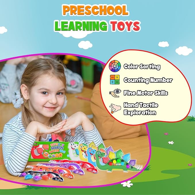 8Pcs Dinosaur Color Sorting Sensory Toys for Kids with Autism Toddler Toys for Airplane Travel Road Trip Montessori Toys Fine Motor Skills Easter Basket Stuffers Gifts for Kids Boys Girls