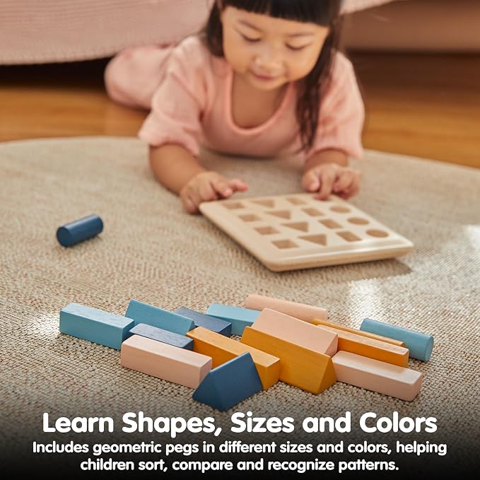 PlanToys® Wooden Geometric Peg Board Montessori Shape Sorting Stacking Toy | wooden geometric peg board, montessori shape sorting stacking, size sequencing logical thinking, color pattern geometry, kids