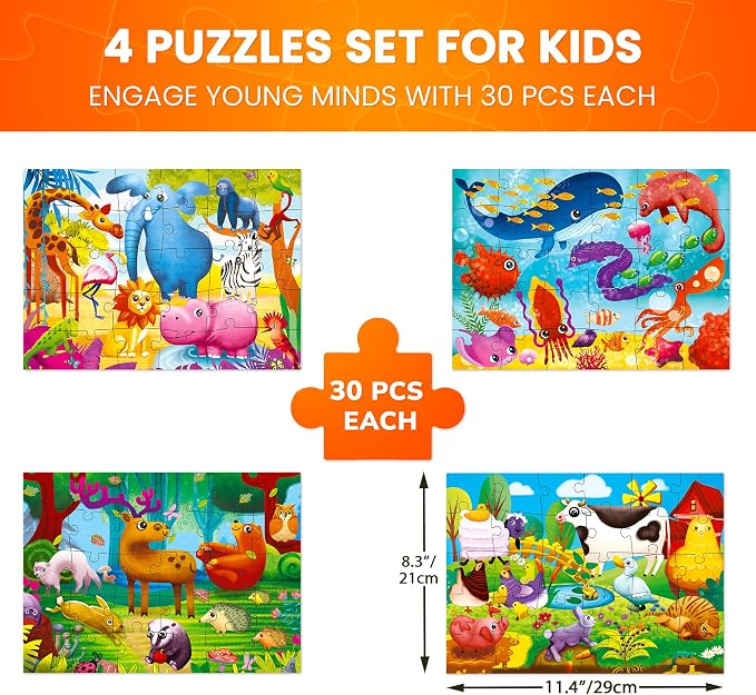 30 Piece Puzzles for Kids 3-5 - 4 Jigsaw Kids Puzzles Ages 4-6 | Animal Learning Jigsaw Puzzle for Kids 4-6 Years Old - Educational Toys for Toddlers Boys and Girls