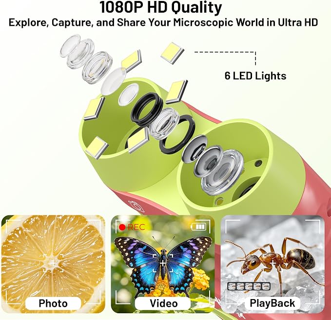 1000X Handheld Microscope for Kids 2.0" Screen 32GB Card Included | Rechargeable 3 in 1 Pocket Digital Kids Microscopes with Camera & Selfie Lens, Edu Science Kits for Kids 4-6 8-12 Red
