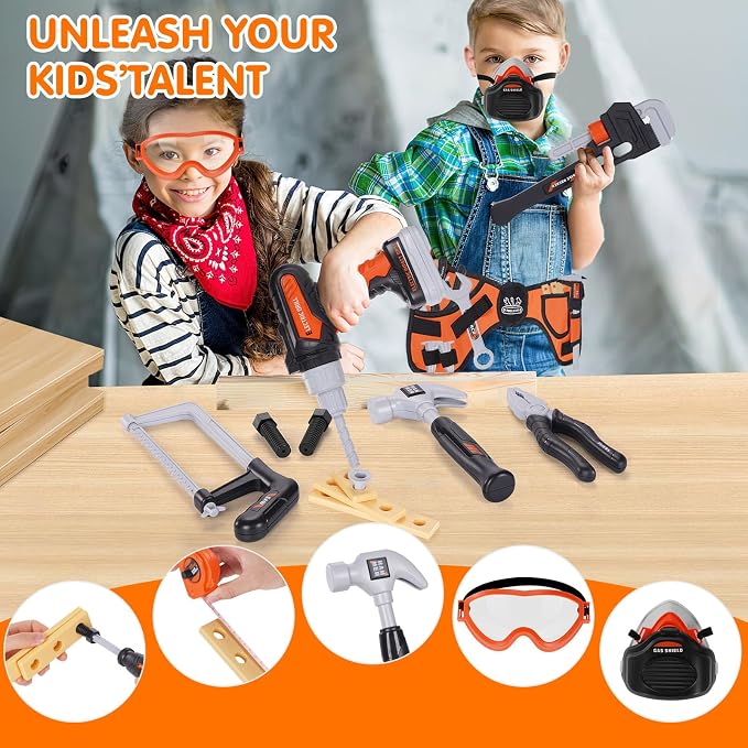 Kids Tool Set- 48PCS Tool Set Toys with Electronic Toy Drill, Tool Bag&Tool Belt&Tape Measure, Pretend Play Kids Construction Tool Kits Toy for Boys, Kids Birthday Gift for Boys Girls Ages 3+
