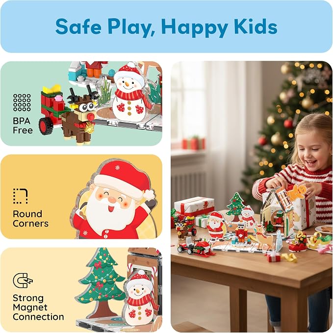 PicassoTiles Magnetic Tiles Building Brick Block Advent Calendar Christmas Theme Set Gingerbread House Holiday Toy Piece Surprise Countdown Magnet Tile STEM Learning Educational Gift for Kids PTA50