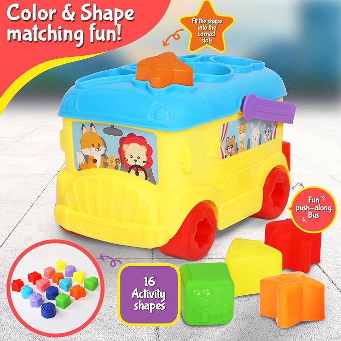 Bus Shape Sorter Toy - Kids Block Sorter with 16 Colorful Shapes - Sorting Toys for Toddlers 1-3 - Creative Play Learning Skills Development