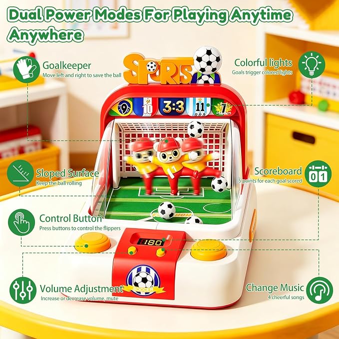 Mini Foosball Table for Kids Boys 3 Year Old Birthday Gifts, Portable Tabletop Soccer Board Game 2-Flipper Soccer Pinball with Scoreboard, Music, Light, for Family Game Night