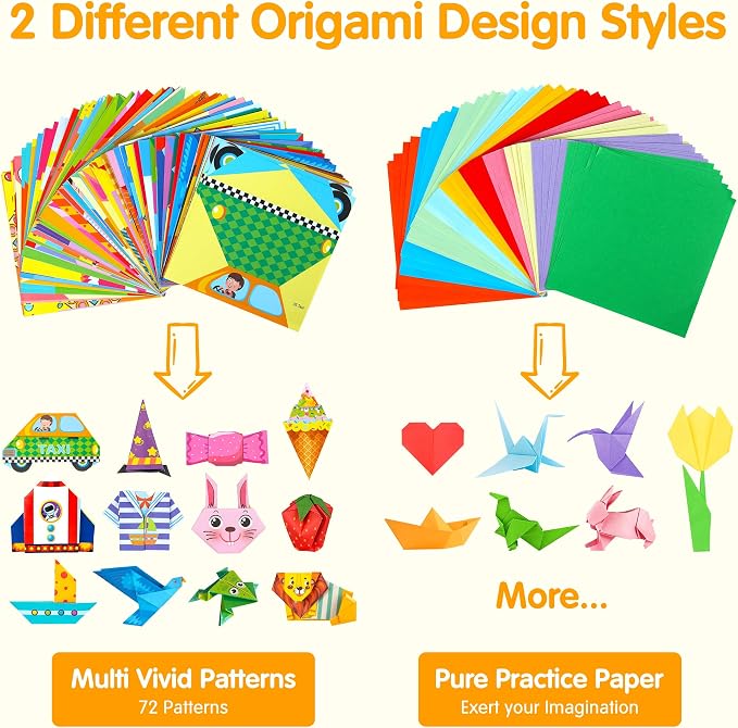 Mocoosy 224 Sheets Origami Paper Kit for Kids Ages 5-8 8-12, Folding Paper Set with Origami Book for Beginners, Art Craft Supplies for Boys Girls 9-12, Travel Game Car Road Trip Activities Toy Gifts