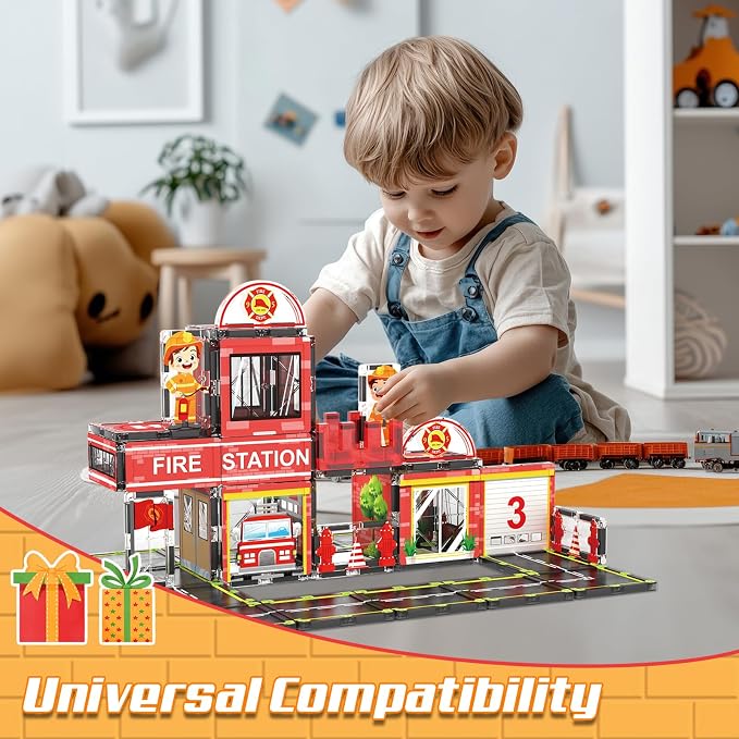AFUNX Fire Station Magnetic Tiles Building Set for Kids Ages 3+ | Strong Magnets, Compatible with Major Magnetic Tile Brands,Rescue Pretend Play, Creative Building,Gift Ready