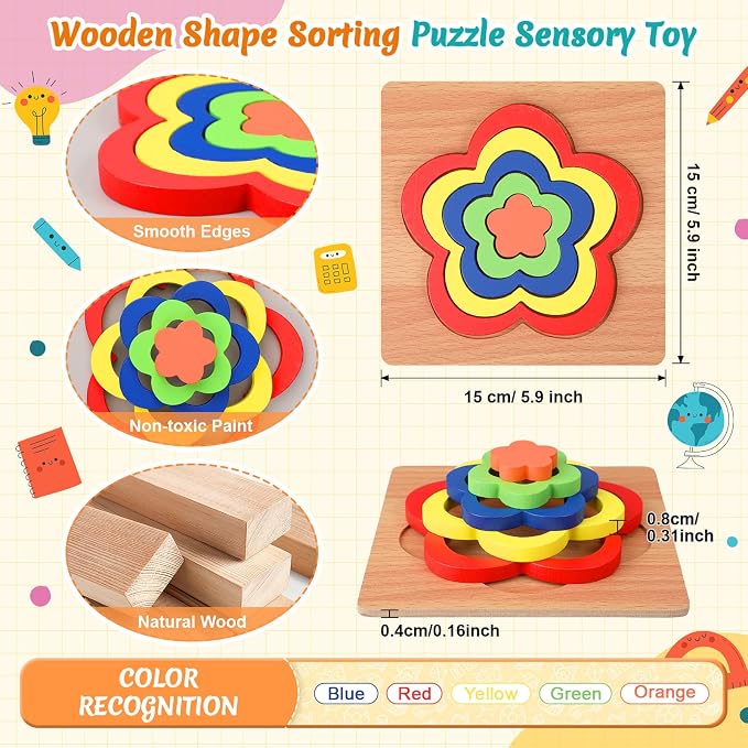 10 Pack Montessori Toys, Toddler Toys Puzzles Wooden Shape Sorting Puzzle Sensory Toy Preschool Learning Educational Autistic Developmental for Girls Boys Birthday Gifts