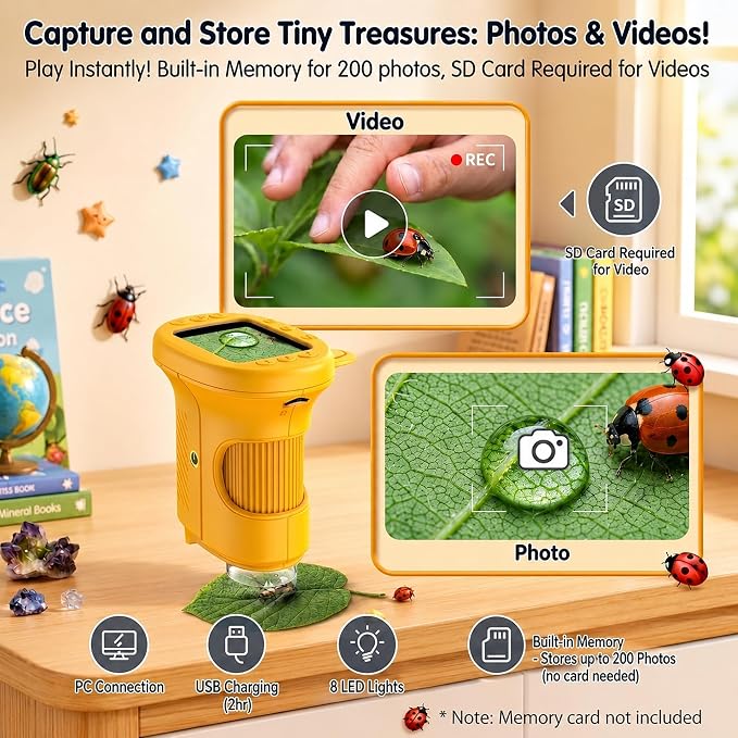 Kids Microscope, 4K 1000X Zoom, 2.4" Screen, STEM Toy for Ages 4-8 | Digital Microscope with Photo & Video Recording, 8 LED, USB Rechargeable, No Slides Needed, Birthday Gift for Boys Girls 4-12