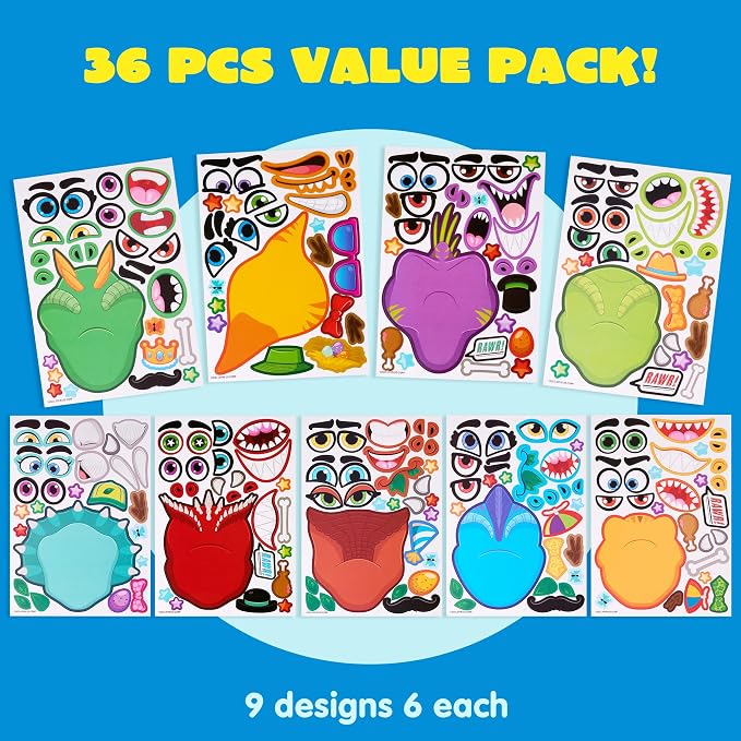 JOYIN 36PCS 9.8"x6.7" Make a face Stickers for Kids, Make Your Own Dinosaur Stickers, Animal Party Favors Kids Crafts, Goodie Bags Stuffers, Classroom Rewards