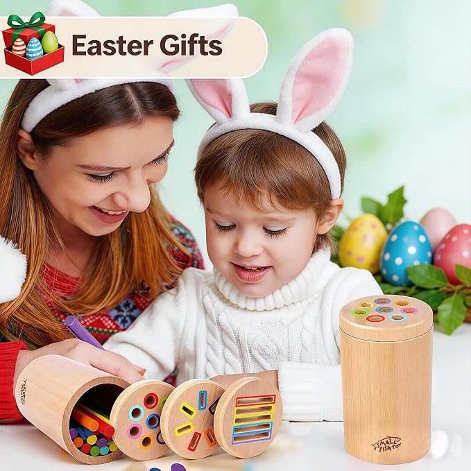 Wooden Montessori Baby Toddler Toys 3in 1 Learning Fine Motor Preschool Toy | Educational Color Sorting and Cause and Effect Sensory Activity for Toddlers 1-3, Birthday Gift for 12 Month Old Boys Girls