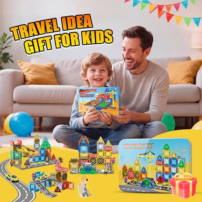 Magnetic Tiles - Construction Toys, Road Set Outdoor Travel Toys with Magnetic Crane & Car for Boys Age 3-5 4-8 8-10, Mini Magnet Building Blocks with Crane, Road, Traffic Lights, STEM Sensory Gifts