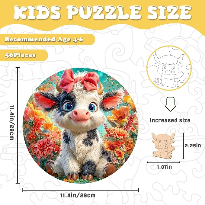 Farm Animals Wooden Puzzles for Kids - Bloomy Cute Cow | 50 Piece Puzzles for Kids Ages 6-8, Kids Puzzles with Unique Animal Shapes, Round Gift for Girls and Boys (11.4 * 11.4 in)