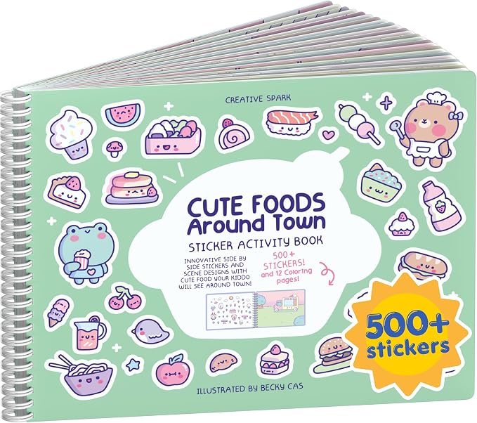 Cupkin Cute Foods Around Town Coloring & Sticker Book | 500+ Stickers | Spiral-bound kids craft format with 12 scenes, 12 art pages, side-by-side viewing, and an easy-peel design for ages 2–8
