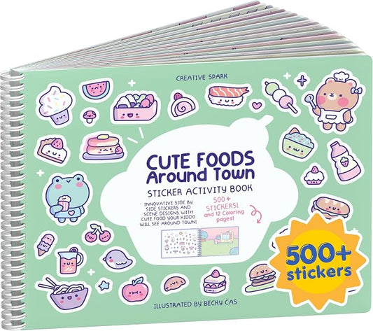 Cupkin Cute Foods Around Town Coloring & Sticker Book | 500+ Stickers | Spiral-bound kids craft format with 12 scenes, 12 art pages, side-by-side viewing, and an easy-peel design for ages 2–8
