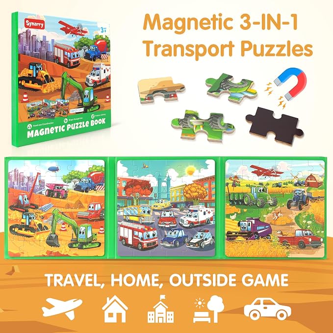 SYNARRY Vehicle Theme Magnetic Puzzle for Kids Ages 3-5, Travel Toys | 36-Piece Magnetic Travel Puzzle for Kids Ages 4-8, Car Airplane Road Trip Activities, Vehicle Birthday Gifts
