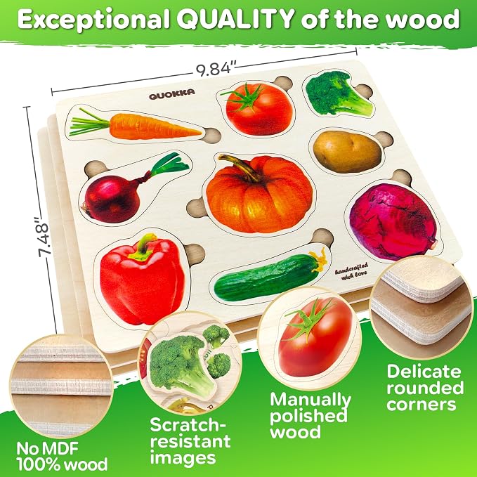 Wooden Puzzles for Toddlers 1-3 - 3 Montessori Kids Puzzles Ages 2-4 | Educational Realistic Wood Toddlers Puzzles ages 3-5 — Learning Fruits, Cars and Vegetables for Boy and Girl