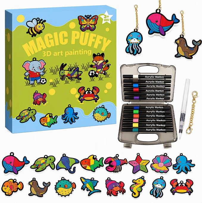 MWOMGLP Magic Foam Texture Painting Kit, 16 Pack DIY Puffy Foam Art Craft Set for Kids, 3D Sensory Painting Paper with Colorful Foam Sheets, Creative Gift for Boys Girls Ages 3+(Color Marine Animal)