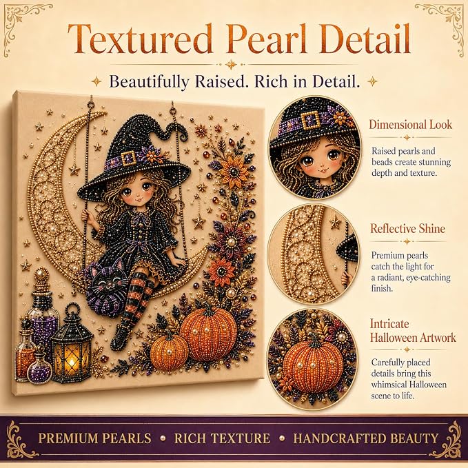 Halloween Pearl Art Kit for Adults, DIY Fall Craft (Witch) | Create textured Halloween decor through a screen-free, beginner-friendly craft activity.