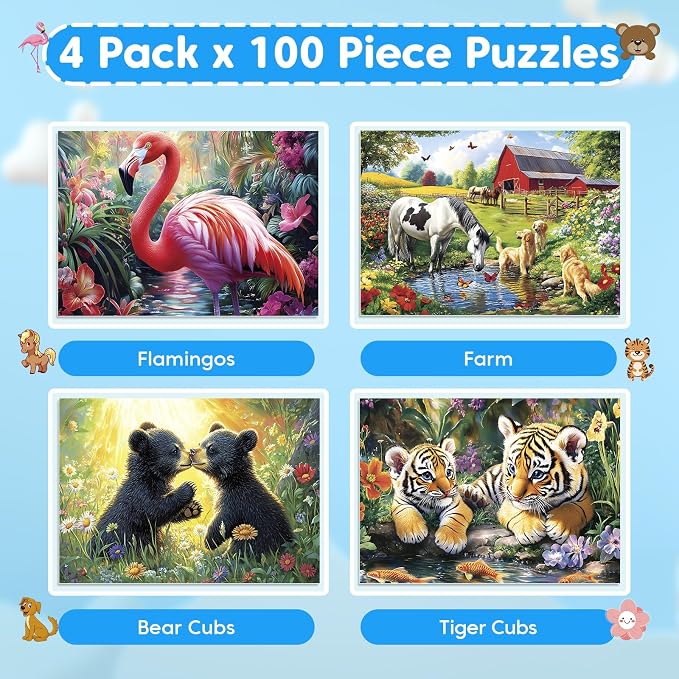 4-Pack 100 Piece Puzzles for Kids Ages 4-6 6-8 Year Old | Tigers Bears Farm Flamingos, Jigsaw Puzzles for Kids Ages 8-10, Learning Educational Children Puzzles 5-8 for Boys and Girls
