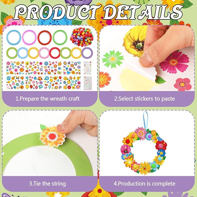Hollowfly 48 Sets Flower Wreath Craft Kits DIY Wreath Seasonal Activities | Make Your Own Floral Decor, Paper Foam Circles with Stickers, Spring Summer Party Favors Seasonal Craft Activities for Kids