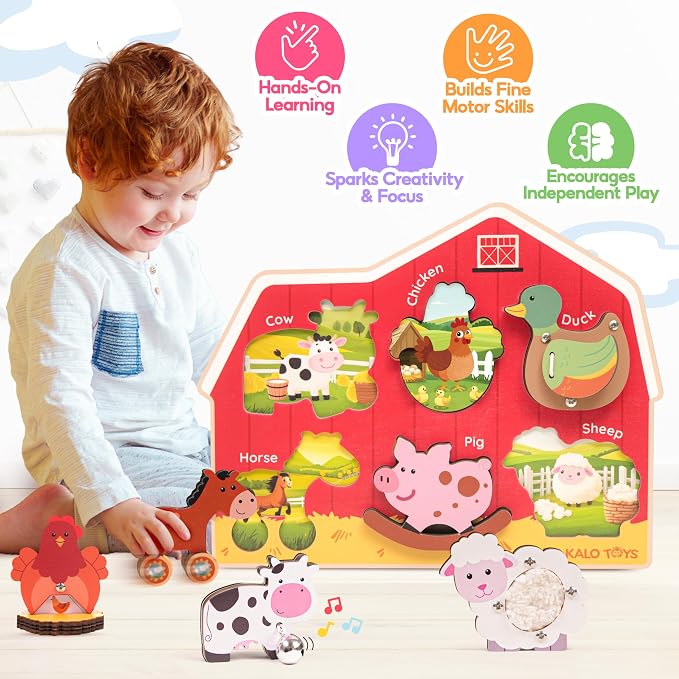 KALOTOYS Wooden Farm Animal Puzzle for Toddlers 1-3 – 6 Piece Montessori Sound & Sensory Puzzle with Textures & Hatching-Egg Chicken – Fine Motor Learning Toy & Autism-Friendly Baby Gift
