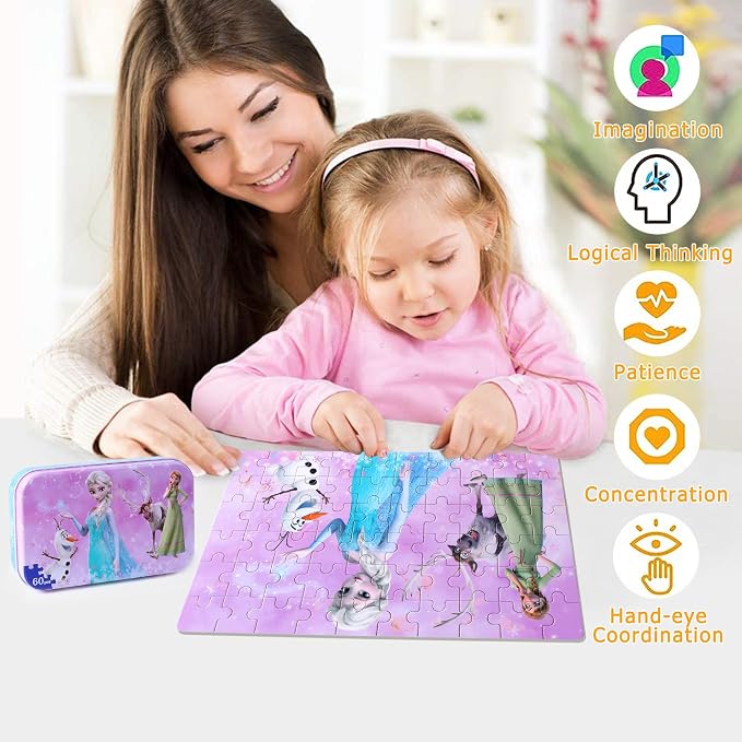 LELEMON Puzzles for Kids Ages 4-6,60 Piece Puzzles for Kids in Metal Box | Snowman Children Jigsaw Puzzles for Kids Ages 3-5 Kids Puzzles,Educational Learning Puzzle Toys for Girls and Boys