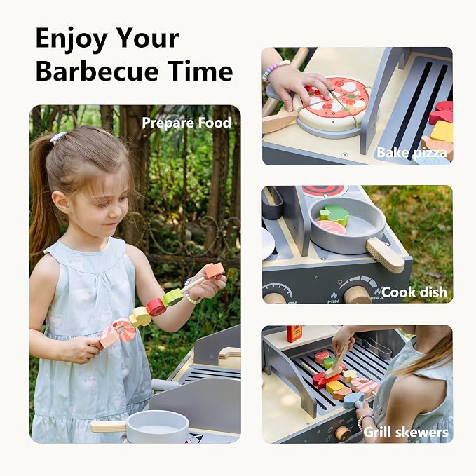 Wooden Grill Playset for Kids with Grilling Tools and Play Food | Realistic Pretend Barbecue Cooking Toy, BBQ Role-Play Set for Imaginative Play, Creative Gift for Boys and Girls Ages 3+