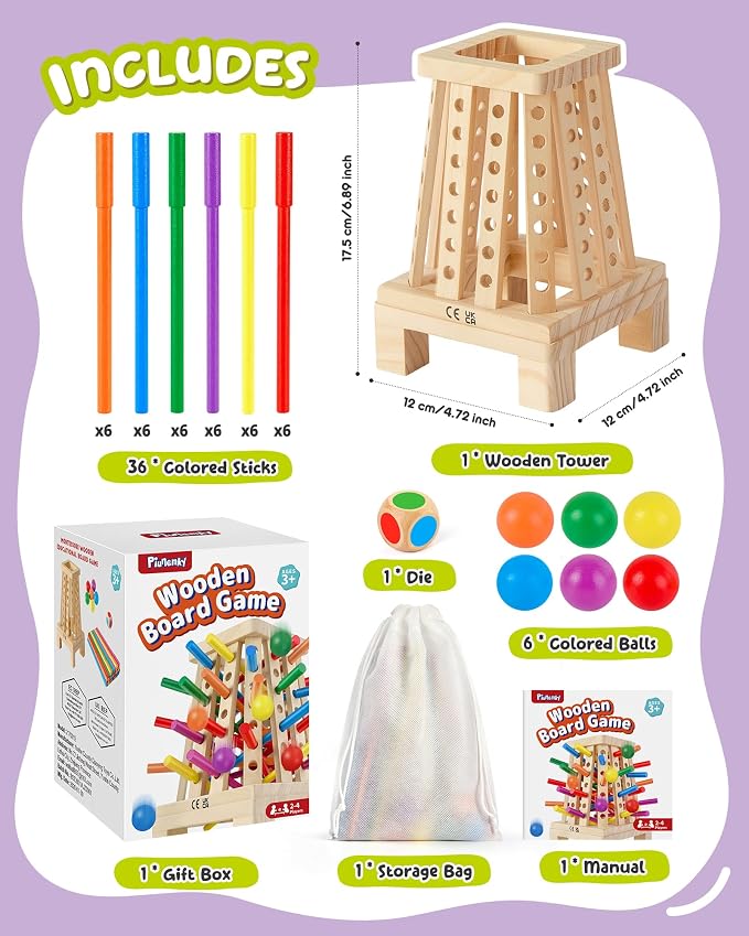 Montessori Wooden Board Game, 36 Colorful Sticks Board Games for Kids 4-6, Fine Motor Skills Toy Math Learning Montessori Toys for 3 4 5 6 Year Olds, Wooden Stick Game Family Games, Gift Boys Girls