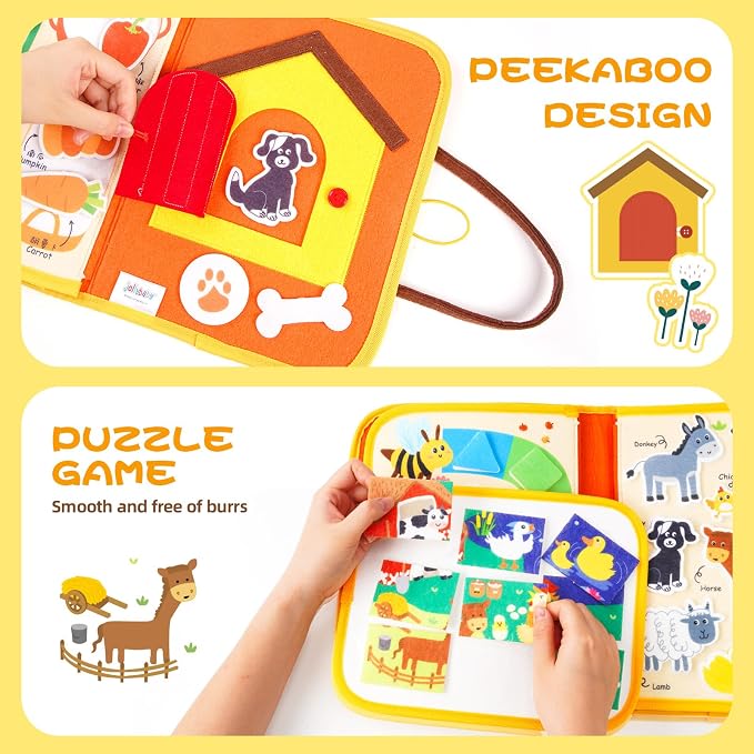 Jollybaby 8 Page Baby Soft Busy Books Sorting & Stacking Toys, Travel Toy & Montessori Sensory Educational, Preschool Learning Activities Toy for 1 2 3 Year Old Toddlers Boy Girl (Happy Farm
