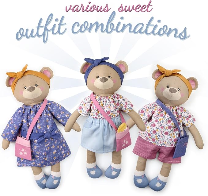 kullaloo - Sewing Kit for Kids & Beginners - Cut & Sew Fabric Panel – Sewing Patterns Pre-Printed on the Fabric - DIY Rag Doll Kit with Clothes - Betsy Bear Sewing Project - Incl. Video Instructions