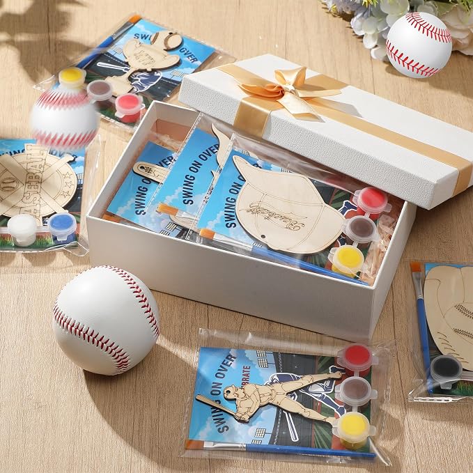 Saypacck 24 Pcs Baseball Party Favors Wooden Paint Craft Kits | Baseball Themed Craft Kit for Kids Birthday Party, Goodie Bags Fillers, Thank You Gifts, Paints Brushes Included