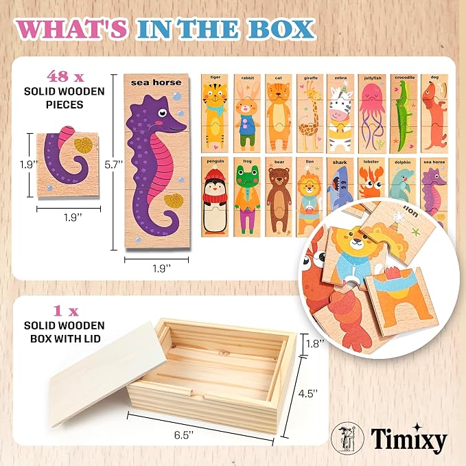 Montessori Wooden Animal Puzzle Toy Ages 3+, 48pc Matching Game with Box