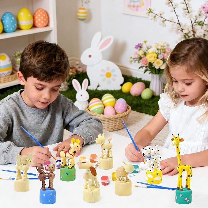 Vileafy Crafts for Kids Ages 4-8 with Paints & 8 Brushes, DIY Wooden Painting Kits for Boys and Girls, Unfinished Wood Animals Figures for Painting Party Favors and Kids Gifts (Pack of 3)