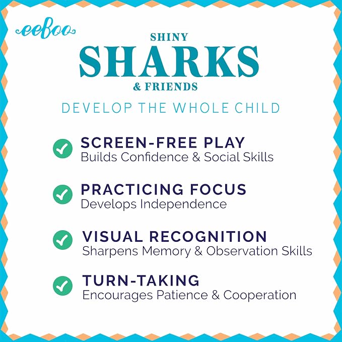 eeBoo Shiny Sharks & Friends Memory & Matching Game, Ages 3+, 1-4 Players | Introduces sharks & marine life. Sharpens recognition, concentration & memory skills. Includes 48 foil tiles, 24 pairs