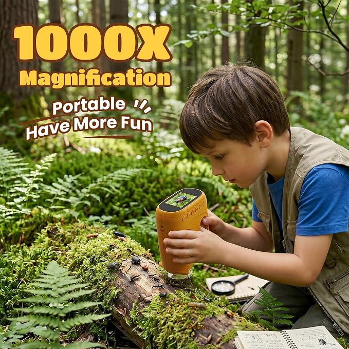 1000X Digital Microscope for Kids Handheld: 2-in-1 Binoculars Portable STEM Toy - Birthday Gift for Boy Girl - Science Kits 10X Magnifying Glass Telescope for Age 3-8 8-12 USB Gadget