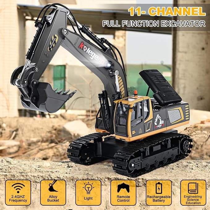 1:18 Scale RC Excavator Toy with Metal Shovel, 11 Channels Remote Control Construction Truck, Real Digging on Dirt & Sand 2 Rechargeable Batteries Gift for Boys Girls Kids 6-12 Years Old